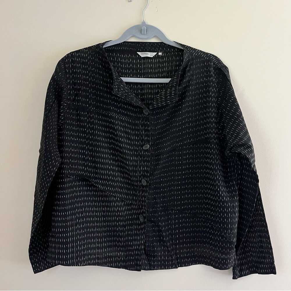 Black and White Ikat Patterned Japanese Button-Up Blouse